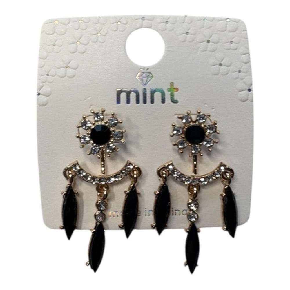 3/$25 Mint Black Gold Rhinestone Dangle Earrings